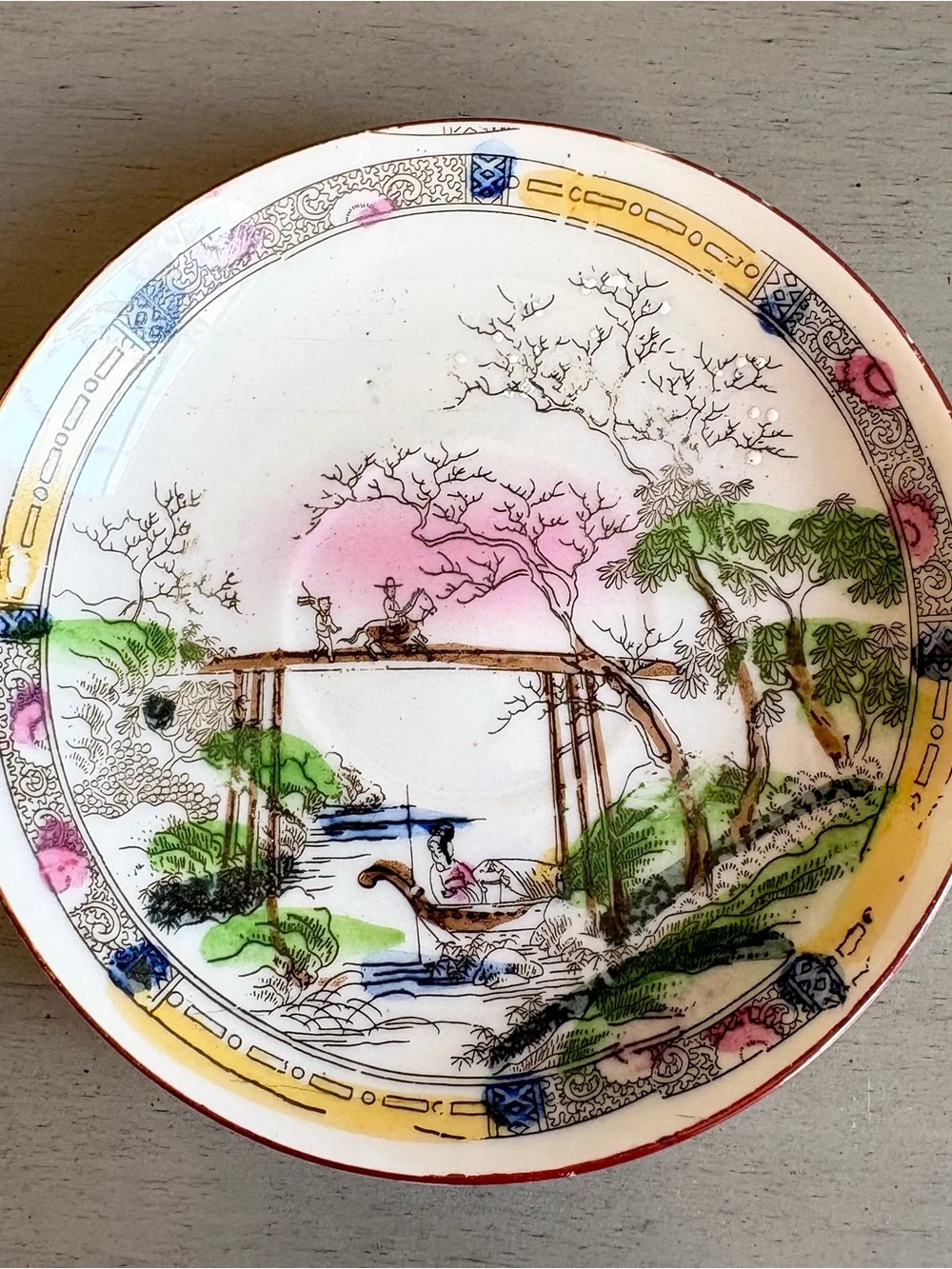 VTG 6 Hand-Painted Japanese Porcelain Saucers Plates Landscape Cherry Blossom